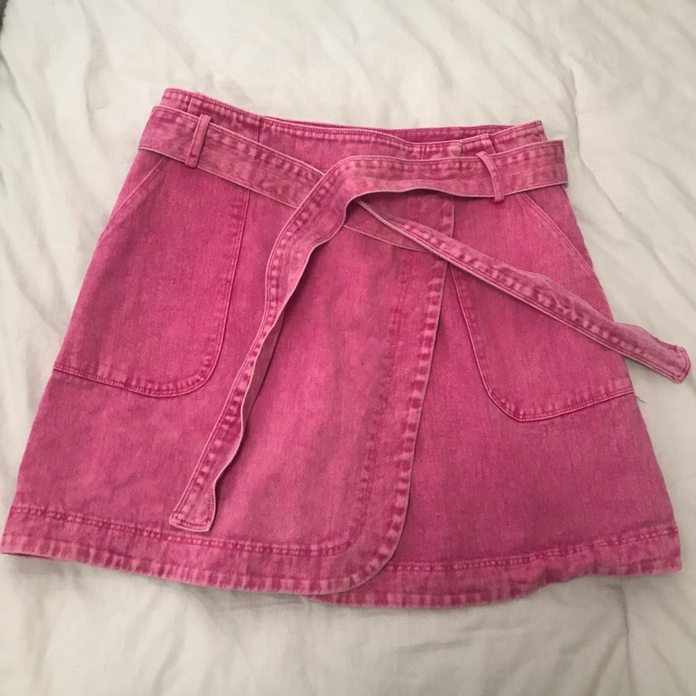 Pink Denim Wrap Around Skirt with Pockets and Matching Tie Belt